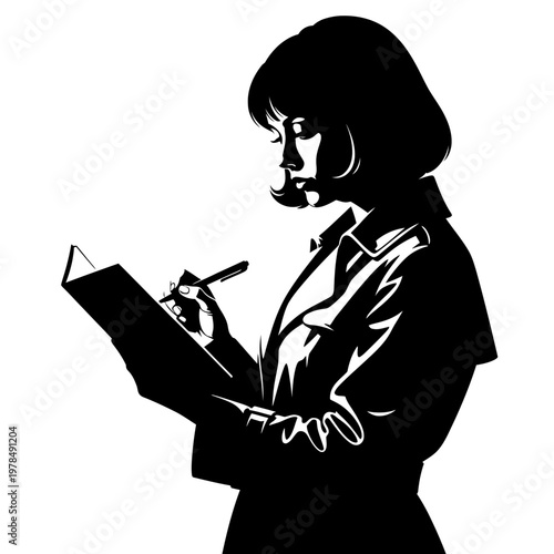Silhouette of a Woman Writing in a Notebook with a Pen.