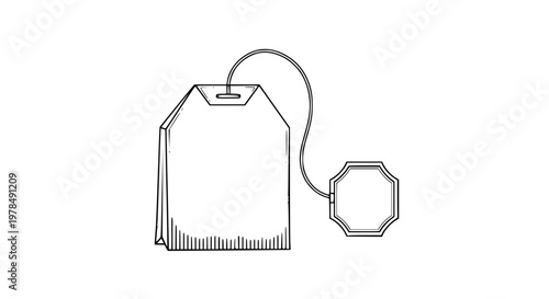 Tea bag vector isolated, rectangular sachet with string and blank label, hot beverage concept, clean design, scalable illustration