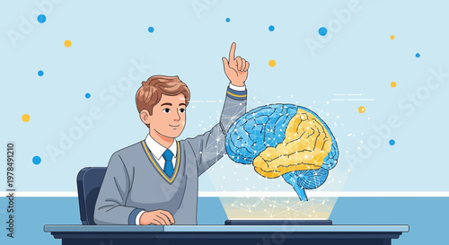 Animated boy points to holographic brain projection showcasing human cognitive processes and