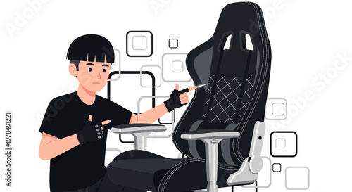 Animated character inspecting gaming chair quality for optimal comfort and durability