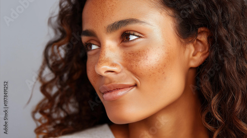 Close-up profile of a Hispanic woman with natural skin texture showing hyperpigmentation, dark patches, and uneven skin tone, realistic female beauty and skin conditions concept,