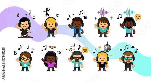 Animated diverse characters wearing headphones enjoying music with notes and emojis in vibrant