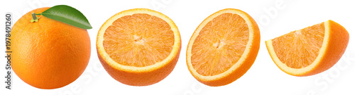 Cuadro en lienzo orange fruit with leaves, slices and half isolated, transparent PNG, collection,