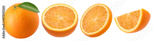 Obraz  z motywem orange fruit with leaves, slices and half isolated, transparent PNG, collection, PNG format