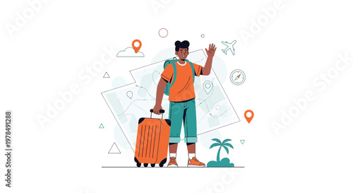 Animated man with luggage, vacation preparation, and tourism theme on white background flat design