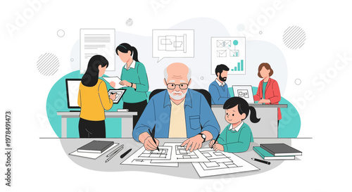 Architectural mentorship: Senior architect guides young learner in design process at studio amid