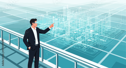 Architect exploring virtual city model, envisioning future urban landscape with advanced technology