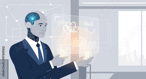 Artificial intelligence interacting with holographic data in a futuristic office setting