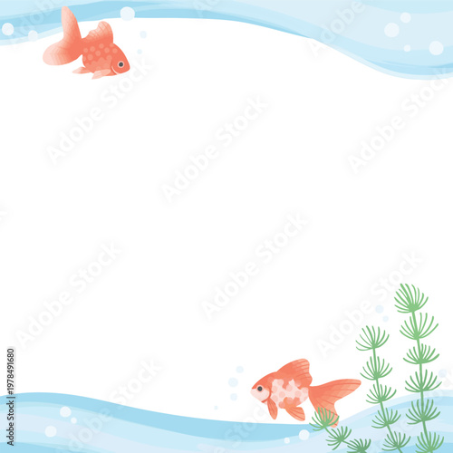 Goldfish Swimming Underwater Frame Vector Square Format Transparent Background | 水草と金魚の水中フレーム 正方形ベクター（背景透過）