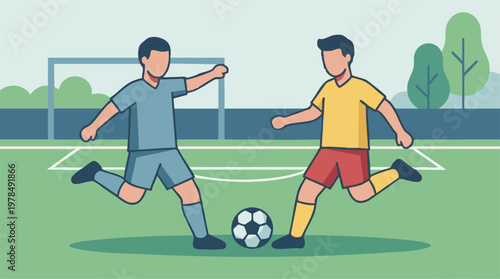 Two football players kicking a soccer ball on a green field with a goal