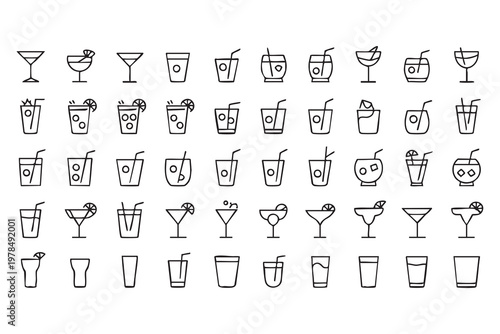 Cocktail Drinks Icon Set with Beverage Glasses and Bar Symbols