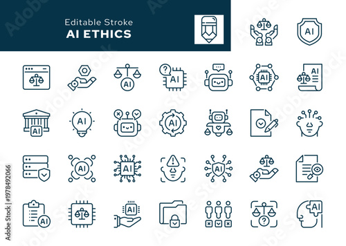 AI ethics. Set of outline icons. Artificial intelligence, ethical dilemma, data privacy, fairness, explainable AI, deepfake, bias detection and more. Line icon in linear style. Vector collection	