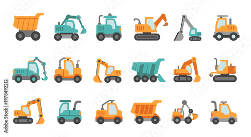 Various construction vehicles are parked in an organized manner for illustration purposes.