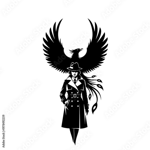 Stylized Silhouette of a Woman in Trench Coat with Phoenix Wings.