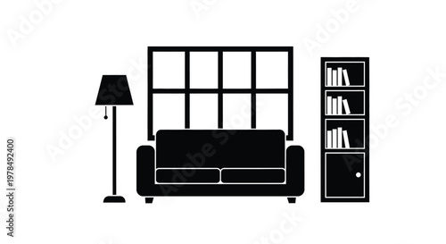 A minimalist black silhouette depicts a living room setup with a sofa bookshelf and window