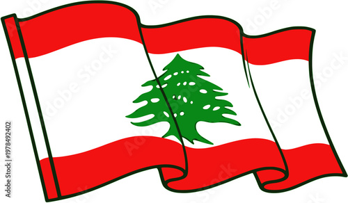 Lebanon Flag Waving Vector Illustration (Cedar Tree Symbol)