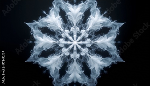 A symmetrical kaleidoscope-like pattern of expanding white and silver ink plumes in dark water.