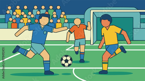 Soccer game illustration with players on the field and spectators in stadium