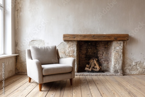 Cozy armchair sits by a rustic stone fireplace with wooden logs.