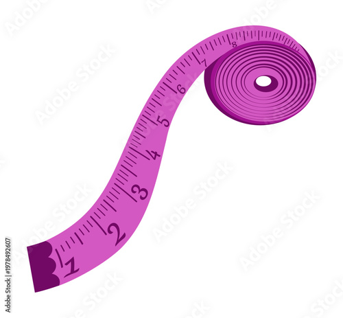 Vector illustration of purple measuring tape rolled and unrolled with numeric scale. Sewing and tailoring equipment icon, fitness and weight loss concept in flat style isolated