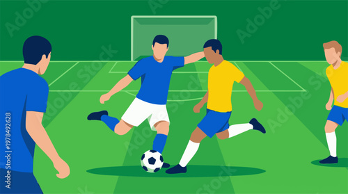 Illustration of soccer players competing for the ball on a green field