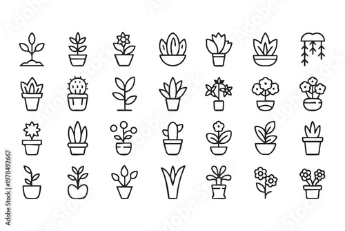 Indoor Plants and Botanical Outline Icons for Home Decor Design