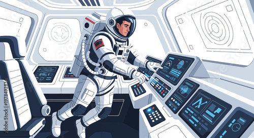 Astronaut operates controls in a futuristic spacecraft cockpit for an interstellar journey