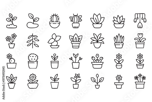 Garden and Flower Icon Collection Featuring Succulents and Greenery