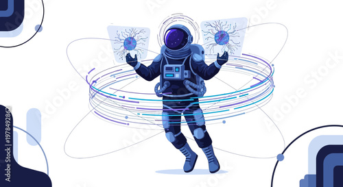 Astronaut navigating space data interface future technology exploration visualization