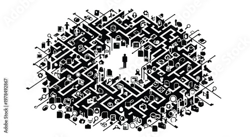 man surrounded by chaotic maze of symbols and icons