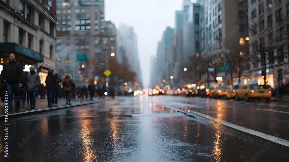 Naklejka premium People walking down a wet reflective city street lined with dense modern commercial architecture