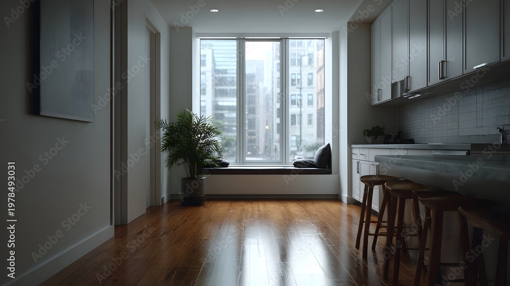 Fototapeta premium A bright minimalist kitchen space featuring natural wood floors white cabinetry and a large window overlooking an urban cityscape