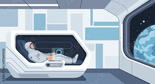 Astronaut taking a break in a spaceship cabin overlooking an alien planet through a window