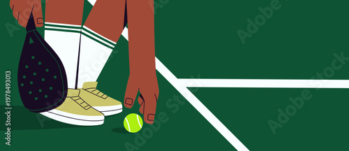 Flat vector illustration of a padel tennis player preparing to serve, holding a paddle and placing a ball on the court. Ideal for concepts of padel, recreation, training, outdoor activity, poster