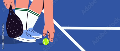 Flat vector illustration of a padel tennis player preparing to serve, holding a paddle and placing a ball on the court. Ideal for concepts of padel, recreation, training, outdoor activity, poster
