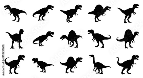 Prehistoric Predator Dinosaur Silhouettes Set Ancient Rex and Spinosaurus Vector Illustration
