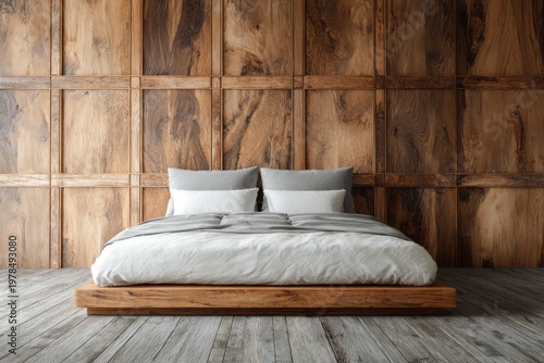 Minimalist bedroom with wooden paneled wall and bed.