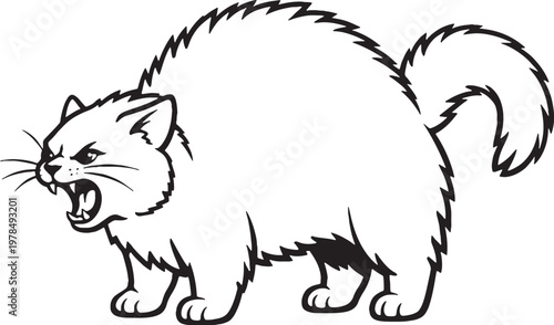 Munchkin Cat Arching Back Hiss Black and White Line Art Short Leg Cat Breed Vector Illustration
