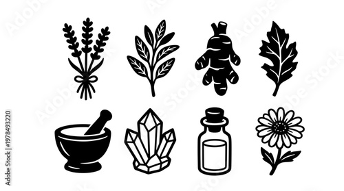 Black and white linocut vector icons featuring apothecary tools, alchemy symbols, medicinal herbs, crystals, potions and moon for mystical designs