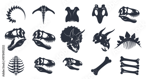 Prehistoric Dinosaur Fossil Skeleton Bones and Skull Silhouettes Vector Design Element Set