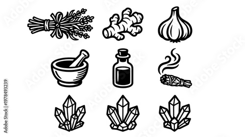 Black and white outline vector icons featuring natural apothecary herbs, garlic, ginger, potion bottle, sage smudge stick and mystical crystals