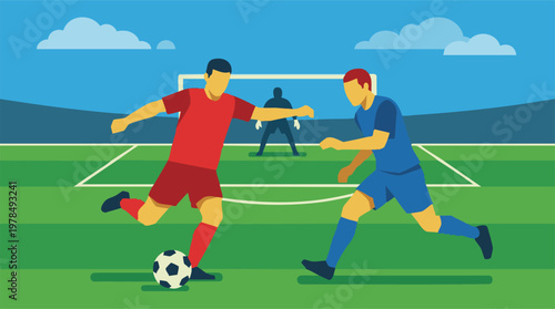 Soccer game action with players and goalkeeper on a green field illustration