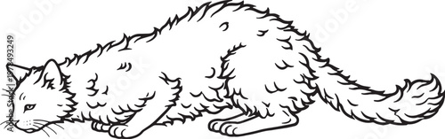 LaPerm Cat Pouncing Crouch Hunting Pose Black and White Line Art Illustration