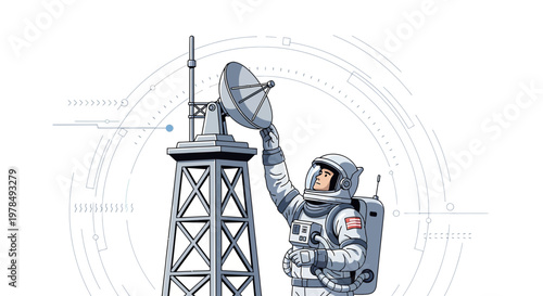 Astronaut configuring antenna for deep space communications futuristic illustration
