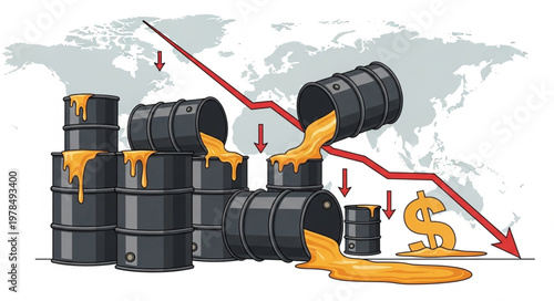 Oil barrels and falling graph symbolizing economic crisis.