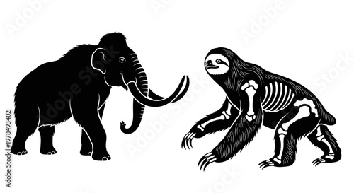 Prehistoric Woolly Mammoth and Giant Ground Sloth Fossil Skeleton Silhouette Vector Illustration