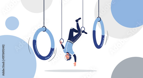 Astronaut defying gravity, performing acrobatic feat on gymnastic rings in space atmosphere