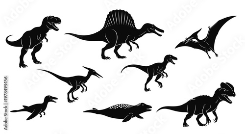 Prehistoric Predator Dinosaur Silhouette Collection Vector Illustration with TRex and Spinosaurus