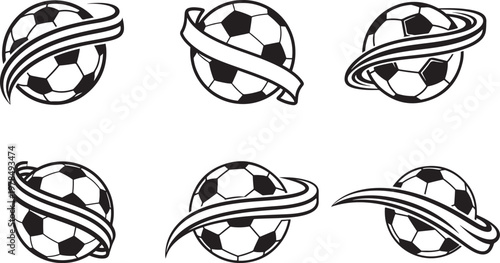 Black and white soccer balls with ribbons in various arrangements