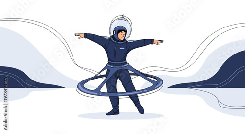 Astronaut engaging in cosmic playfulness hula hooping against nebulous background view